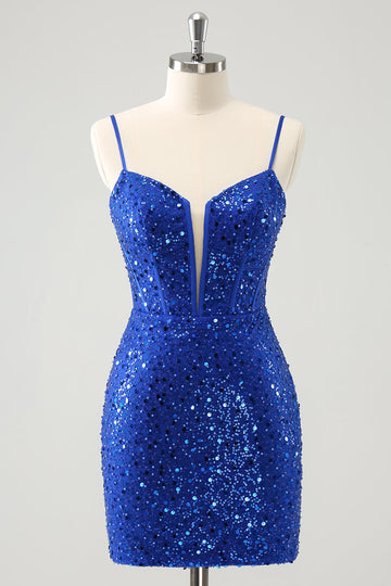 Vestido de fiesta corto ajustado con corsé brillante en azul real y lentejuelas